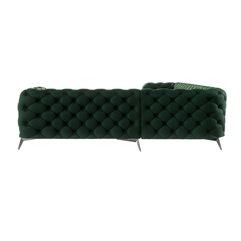 L-shape Corner Chesterfield Sofa Bixby with Silver Metal Legs, Bottle Green, Left Hand Facing