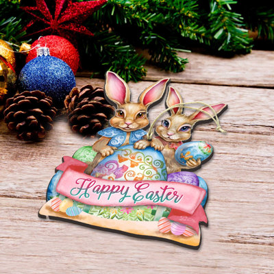 Happy Easter Bunnies Wooden Ornaments By G. Debrekht