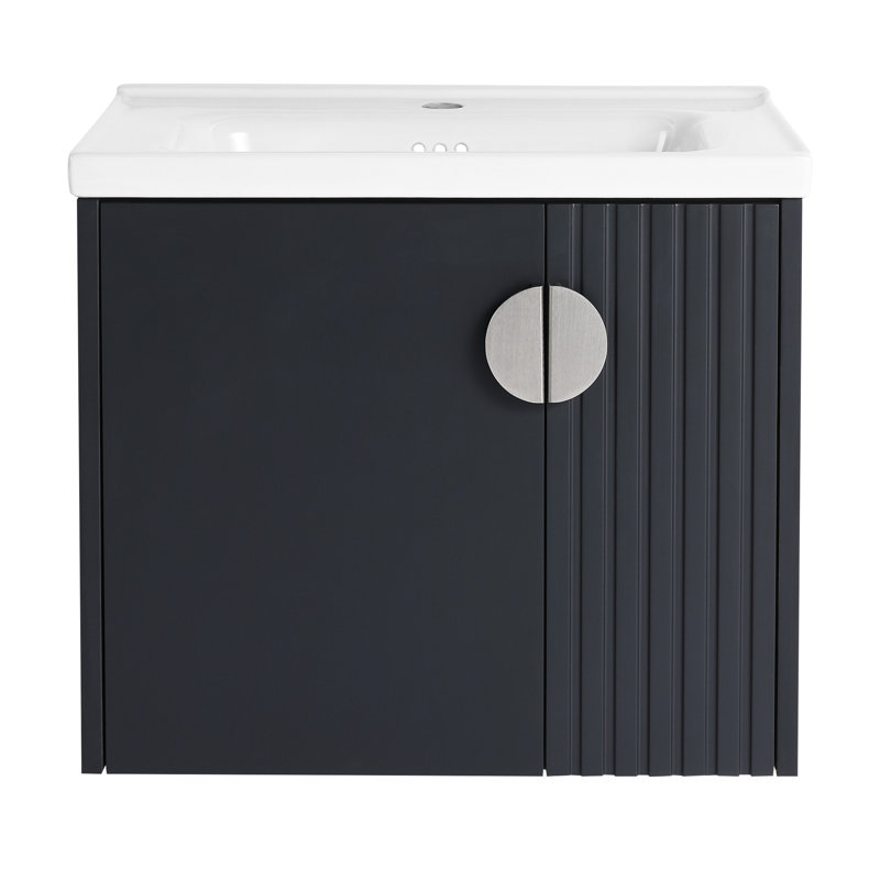 Meuble-lavabo mural de 24 po avec lavabo en céramique pour petite salle de bain, portes à fermeture douce et poignées en métal de conception moderne, espaces étroits, porte