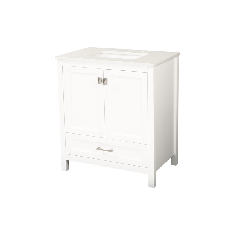 Meuble-lavabo de salle de bain 30 po, structure en bois massif blanc et marbre. Design contemporain, fermeture en douceur. Meuble-lavabo 24V03-30Wh entièrement assemblé, armoire avec comptoir en marbre. Flair, système de fermeture.