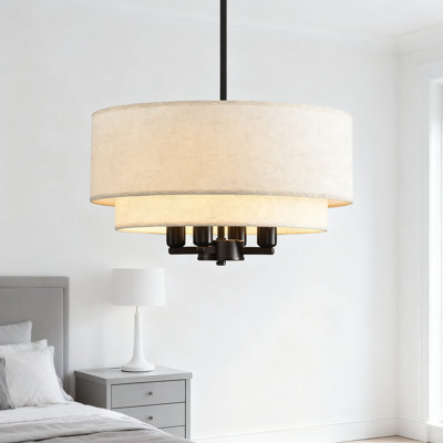 Luminaire suspendu Farmhouse, lustre tambour 4 lumières avec abat-jour en tissu à 2 niveaux, éclairage suspendu réglable pour salle à manger, îlot de cuisine, salon