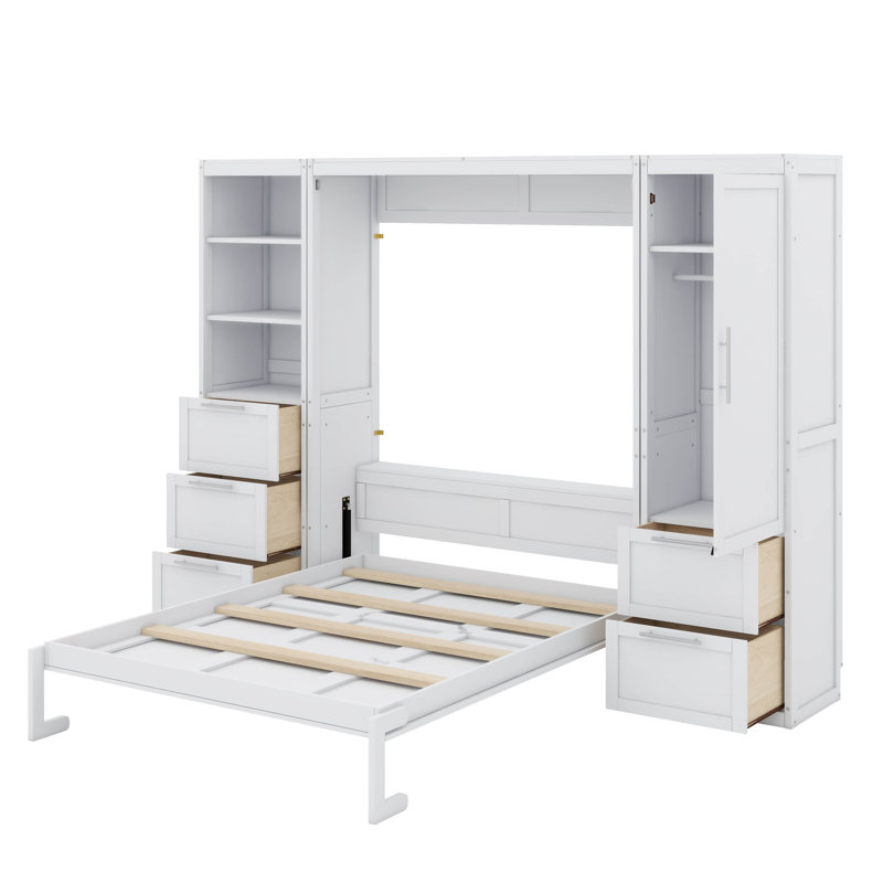 Queen-Sized Murphy Wall Bed Integrated With Wardrobe Storage Space, White