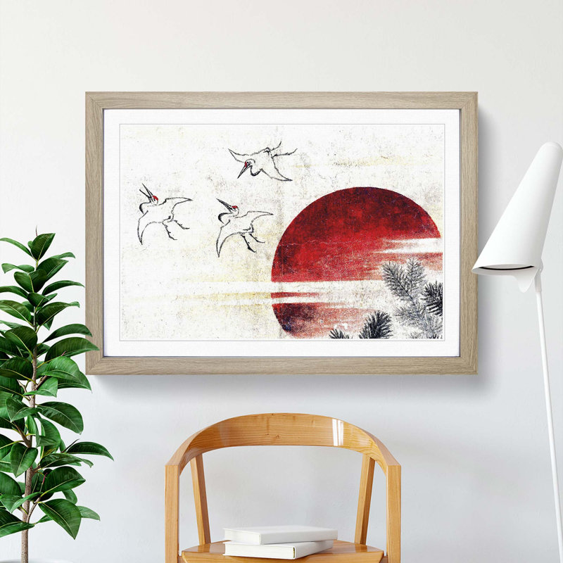 Cranes at Sunset by Katsushika Hokusai - Framed Print, 48cm H x 65cm W x 2cm D, Oak Framed