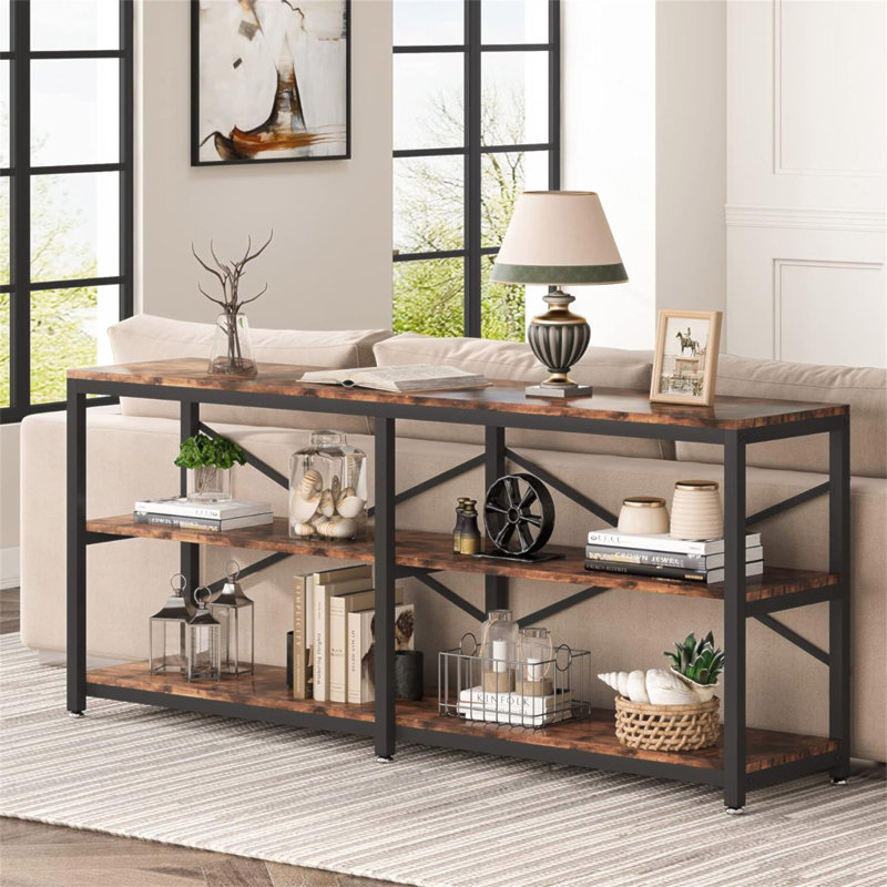 70.9" Extra Long Console Table With Storage Shelves, 3-Tier Industrial Sofa Table Behind Couch, Modern Entryway Table With X-Frame Metal Design, Narrow Hallway Bookshelf For Living Room, Rustic Brown