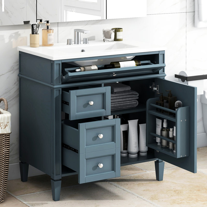 Meuble-lavabo moderne avec lavabo en céramique de 30 po, tiroir basculant et tablette réglable pour un rangement élégant