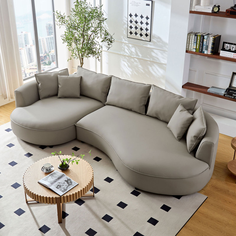 Faux Leather Curved Sectional Sofa, Gray Faux Leather, Left Hand Facing