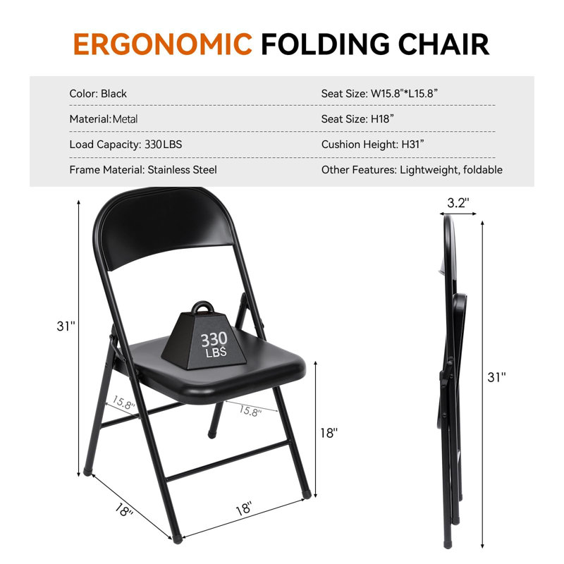 Chaise pliante rembourrée avec assise coussinée, structure en métal robuste d'une capacité de 330 lb, dossier ergonomique, chaise pliante portative noire (ensemble de 6)