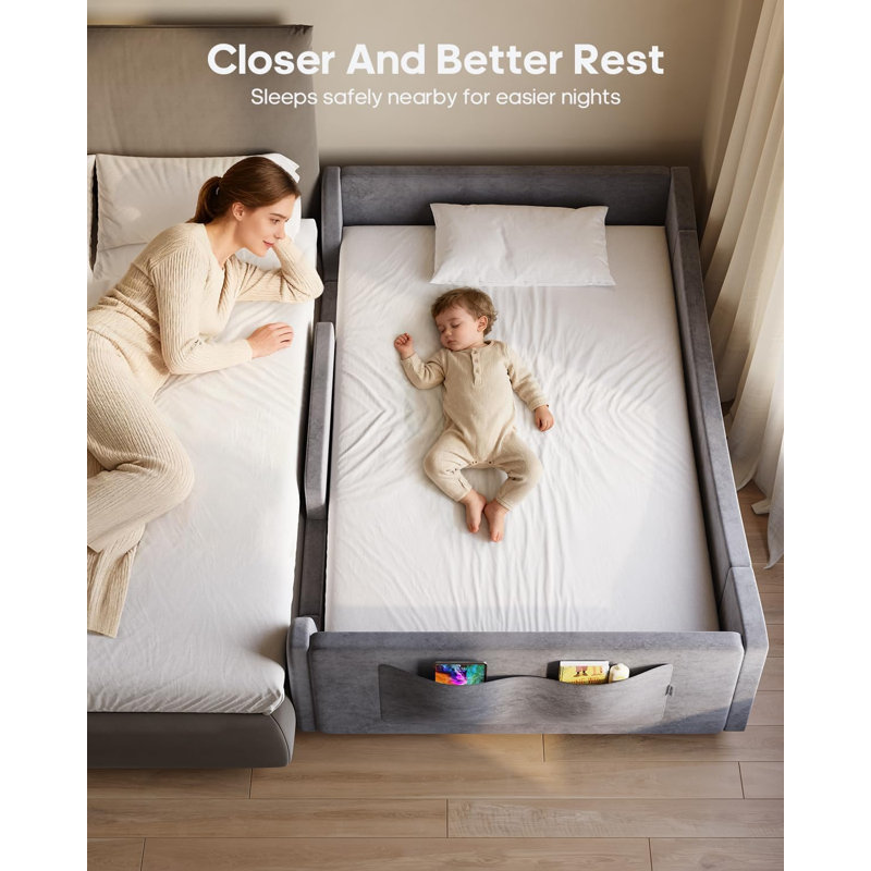 Floor Bed, Low Montessori 2-In-1 Convertible Beds, With Slats And High Rails, Upholstered Teddy Boucle, Curve Round Frame, No Box Spring Needed, Easy Assemble, Beige