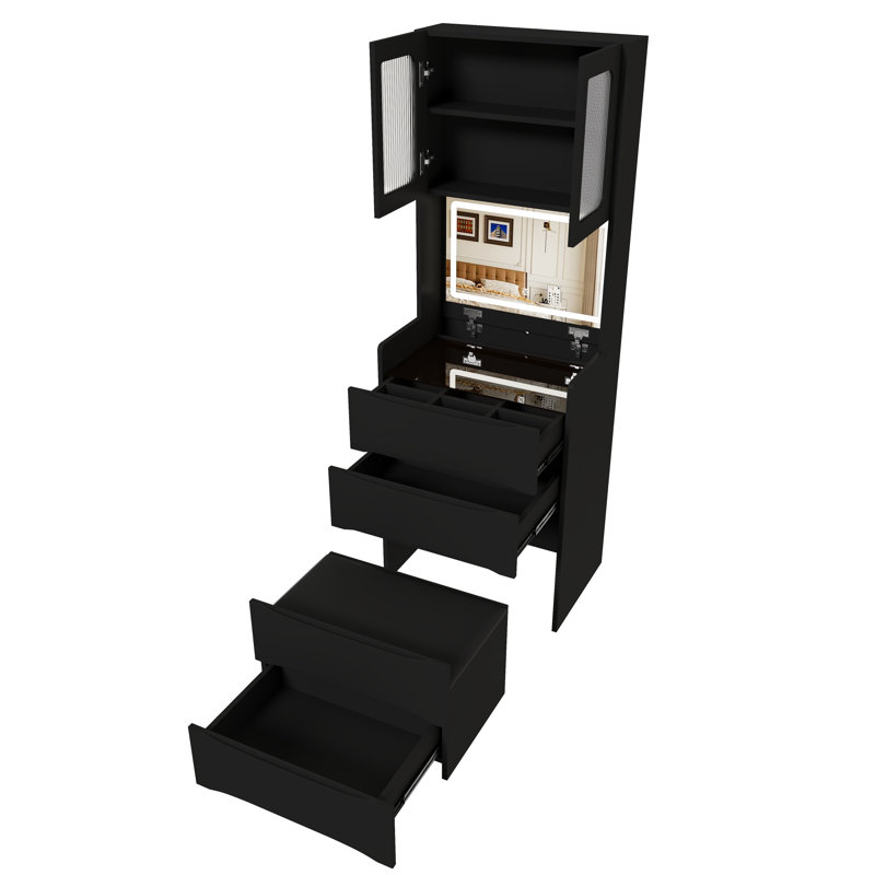 Coiffeuse 3 en 1 avec miroir rabattable à DEL, rangement et tabouret assorti