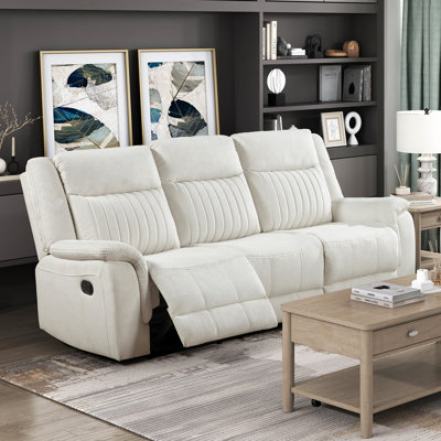 Canapé inclinable de style contemporain, revêtement en microfibre beige, meuble en bois massif, canapé trois places (1 pièce)