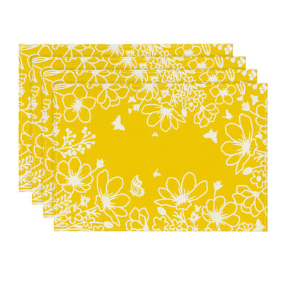 Yellow Bloom Flowers Floral Spring Placemats Set Of 4, 12X18 Inch Seasonal Summer Table Mats For Party Kitchen Dining Decoration