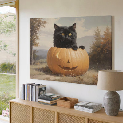 Canvas Black Cat In Pumpkin Cute And Mysterious Halloween Wall Art Ready To Hang Gallery Wrapped Home Decor Modern Design Premium Quality