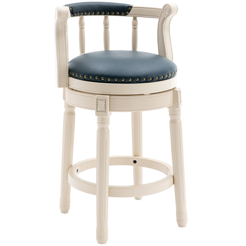 Sturdivant Genuine Leather Swivel Wooden, Bar Stool (29" Seat Height), Blue Leather/ Beige Frame