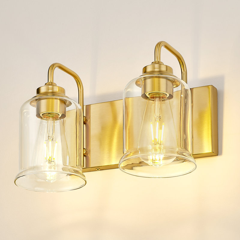 Éclairage de salle de bain à 2 lumières à intensité variable avec abat-jour en verre transparent, Laiton, Deux lumières