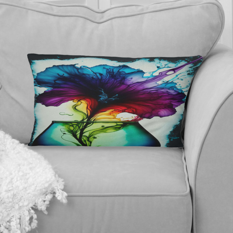 Coussin décoratif imprimé floral mauve et bleu