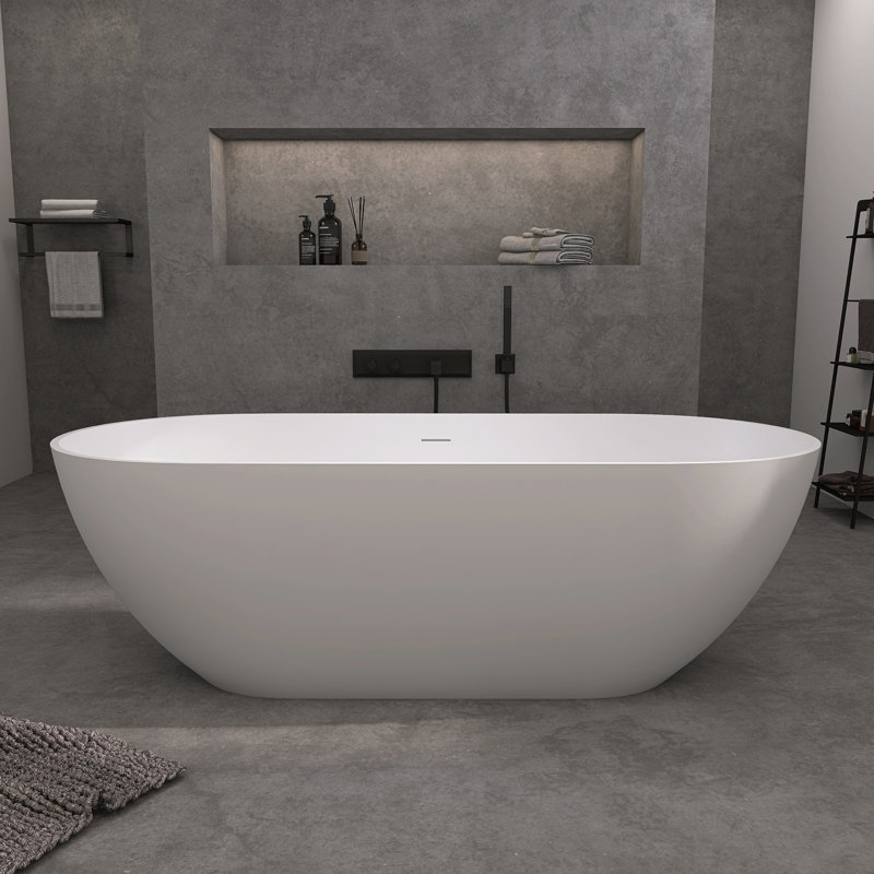 Baignoire de trempage autoportante 59 po x 29,5 po à surface solide blanc mat avec trop-plein et bonde escamotable