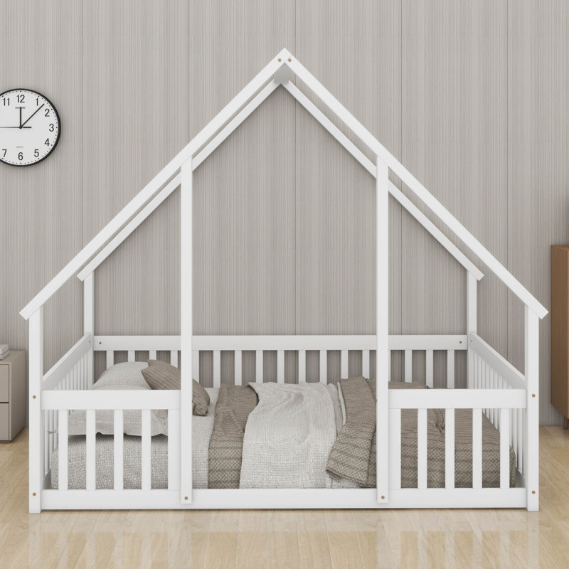 Lit double pleine grandeur avec clôture, garde-corps et structure de lit en bois massif pour enfants, garçons et filles