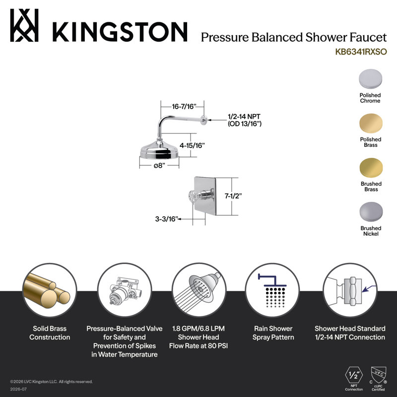 Kingston Belknap Single-Handle Pressure Balanced Shower Faucet, Brushed Nickel