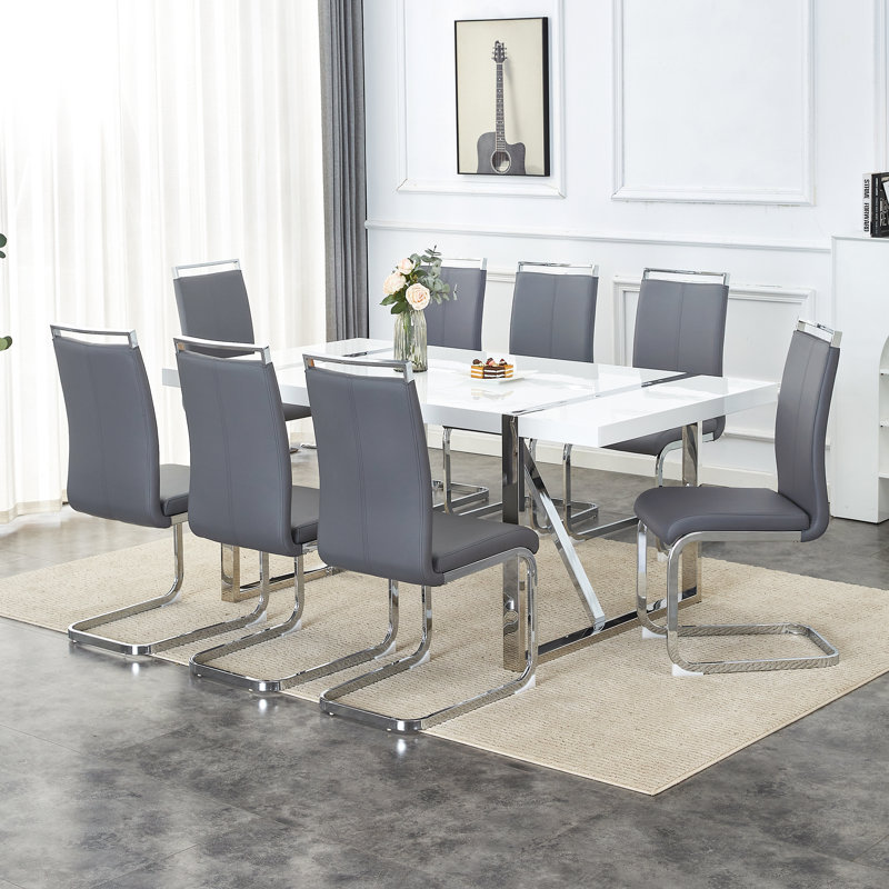 9-Piece Modern 71" Rectangular Faux Marble Dining Set with Geometric Metal Base and Faux Leather Cantilever Chairs, Gray, 9