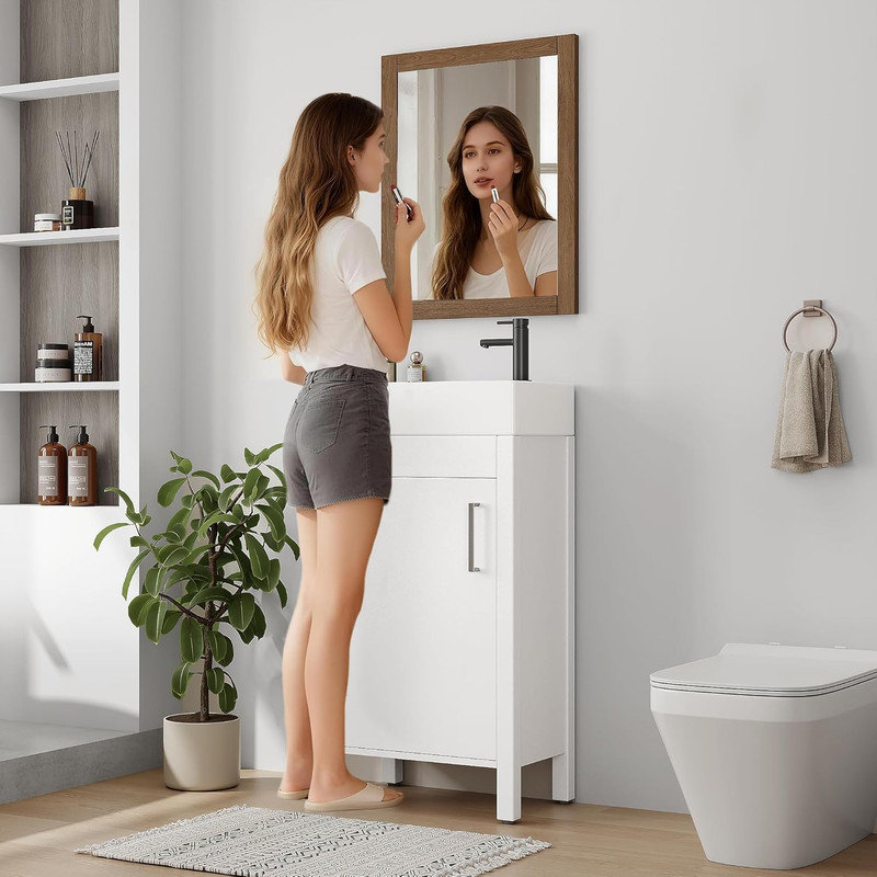 16" Bathroom Vanity with Sink, Freestanding Wooden Cabinet with Soft‑Closing Door for Small Spaces, Silver