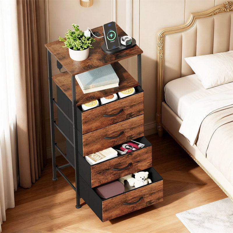 Night Stand With Charging Station, Tall Nightstand With USB Ports And Outlets, 4 Fabric Storage Drawers, Small Dresser Bed Side Table