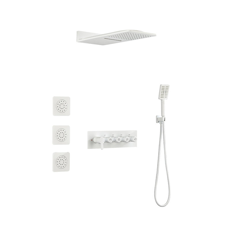 Wall Mounted Waterfall Rain Shower System With 3 Body Sprays & Handheld Shower, White