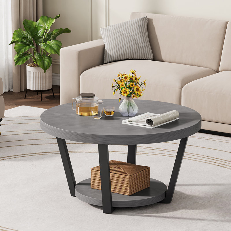 31.5" Round Coffee Table, 2-Tier Industrial Coffee Table with Storage Shelf, Gray Wood Top with Black Metal Frame, Living Room Center Table
