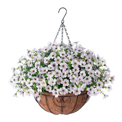 Artificial Faux Hanging Plants Flowers Basket with Hanging Basket for Outdoors Spring Summer Decoration,Hanging Planters with Fake Silk Flowers UV Resistant Realistic for Outside Porch Patio Balcony Garden