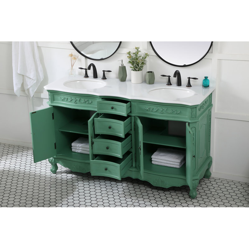Ensemble de meuble-lavabo double 60 po Lunette, Menthe rétro, Blanc ivoire