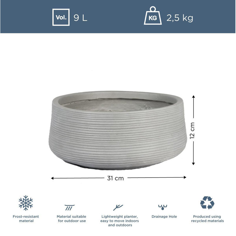 Ribbed Reinforced Stone Bowl Planter, Frostproof Lightweight Outdoor Plant Pot, Bonsai Pot, Garden Planter with Drainage Holes, Shallow Planter