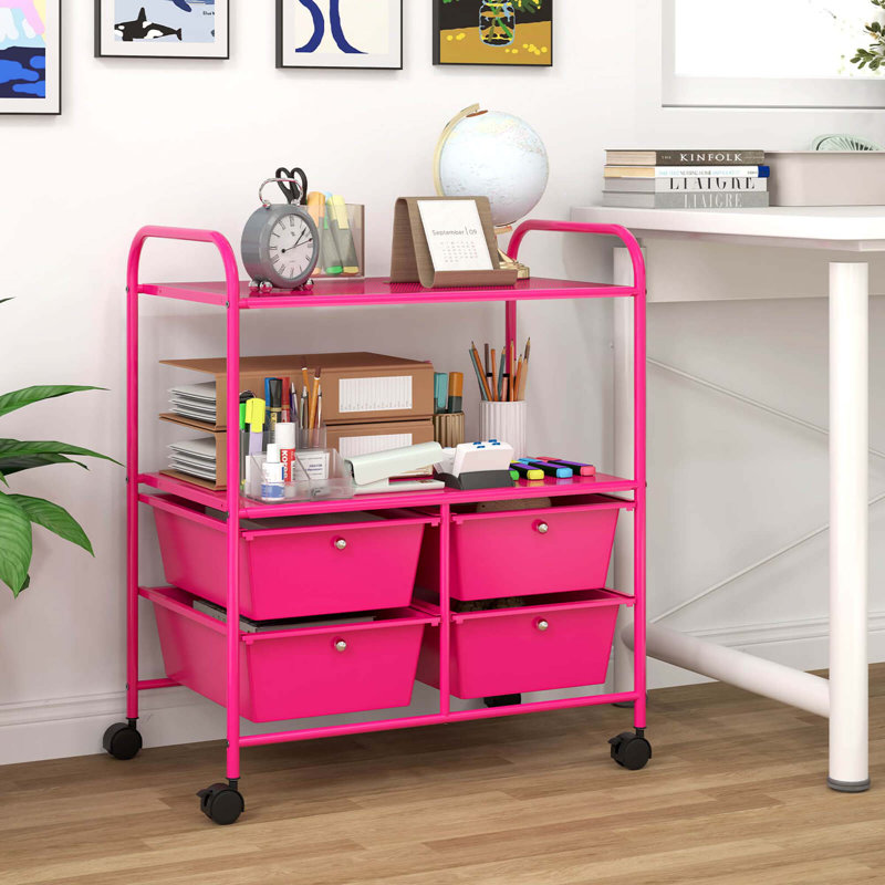 Chariot de rangement roulant sur roulettes avec 4 tiroirs et 2 tablettes, Rose millennial