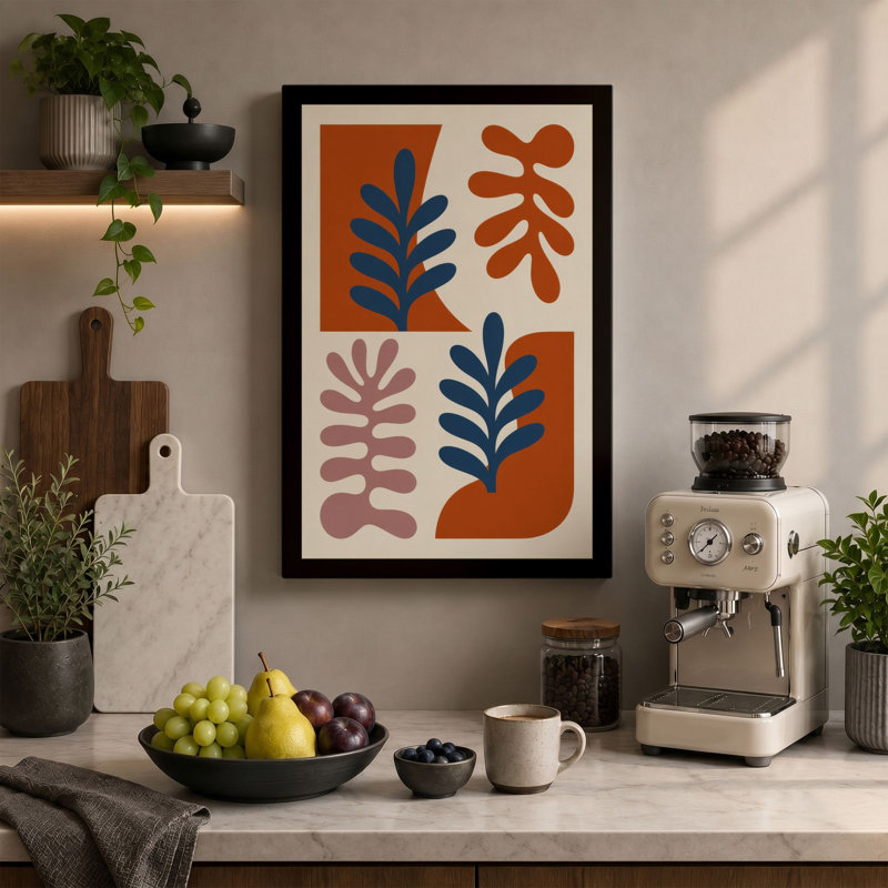 Geometric Leaf Grid Mid-Century - Wrapped Canvas, 18x12 - 45.7 x 30.5 cm, Taupe Border