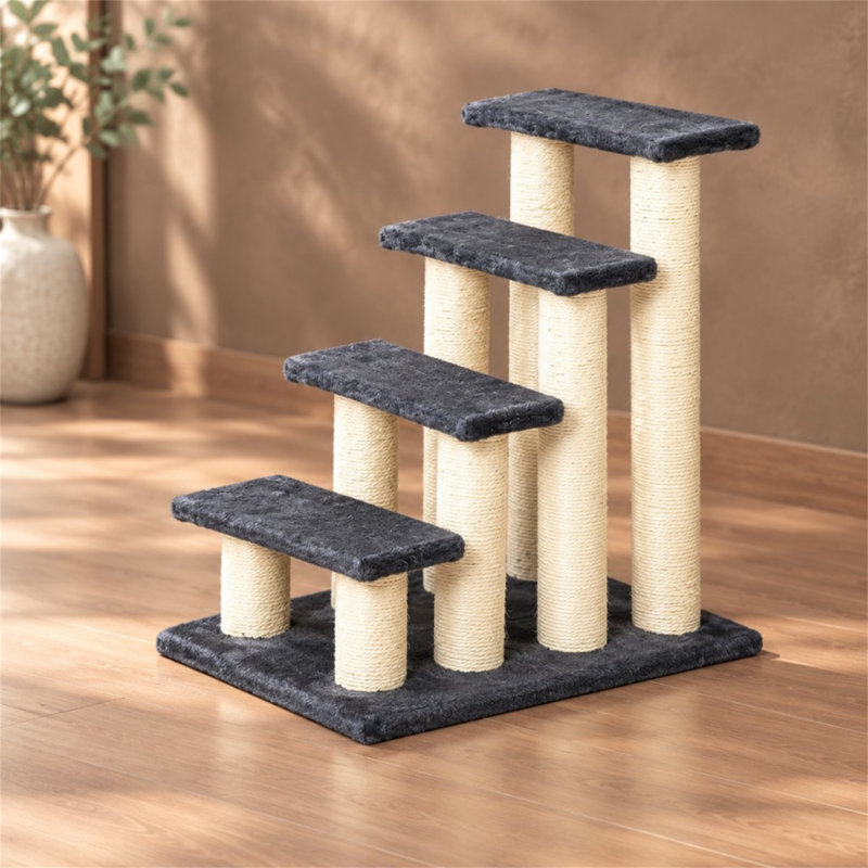 4 Step Pet Stairs for Bed, Grey Dog & Cat Ladder with Sisal Scratching Posts, Particle Board Faux Fur Pet Step for Small Pets