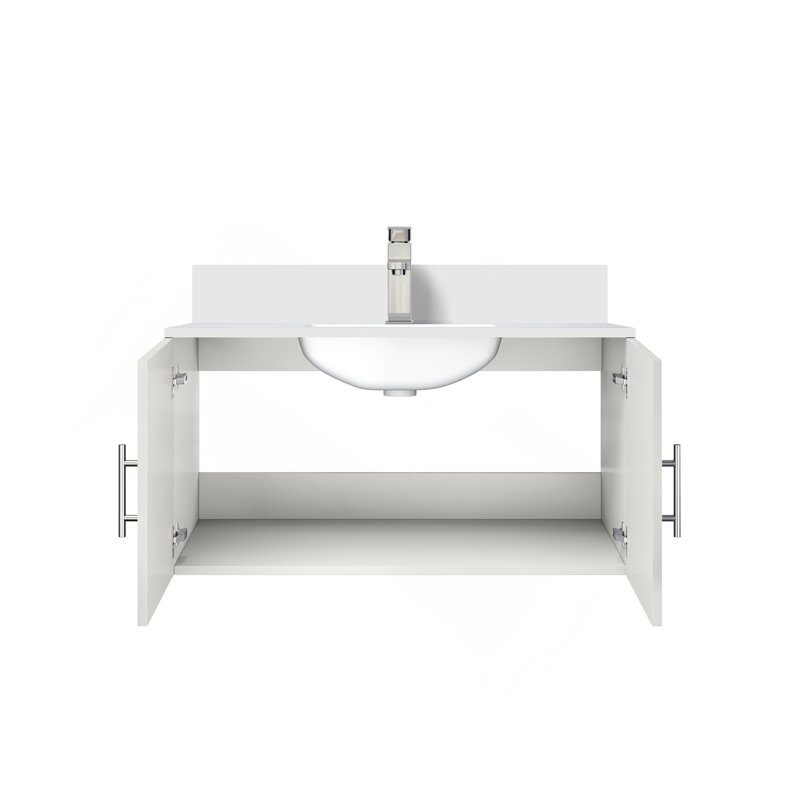 Meuble-lavabo blanc lustré 36 po X P 22 po D, plateau en quartz blanc et ensemble de robinet, Blanc lustré