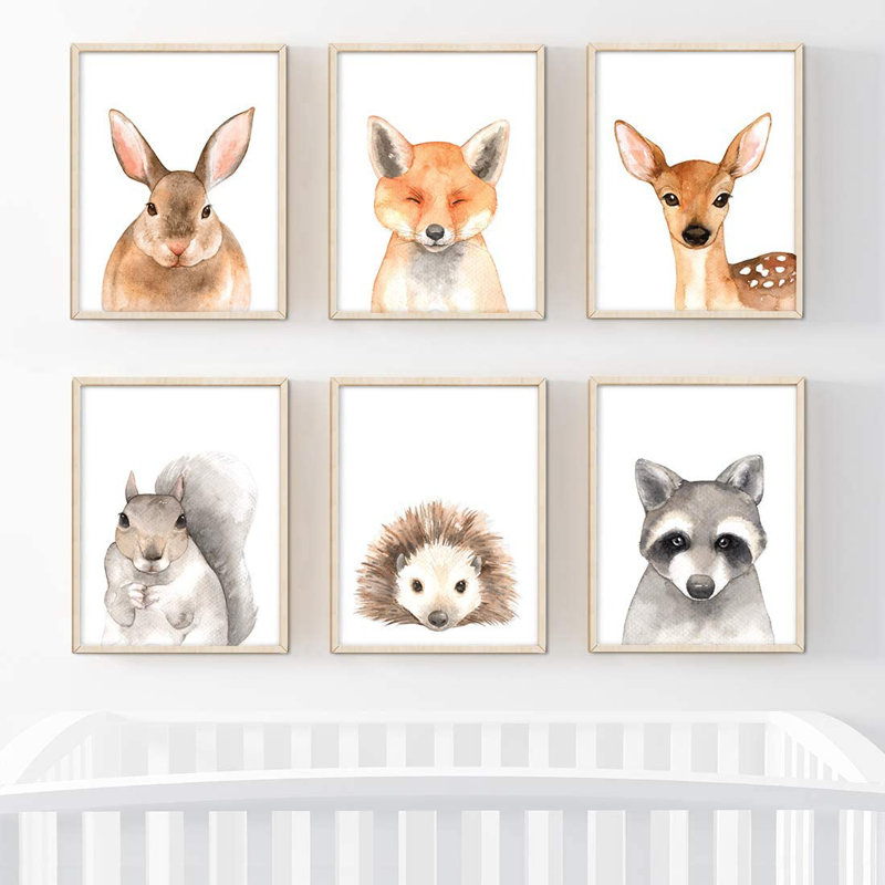 Lapin, renard, chevreuil, hérisson et raton-laveur Dare, ensemble de 6 impressions sur papier, Blanc