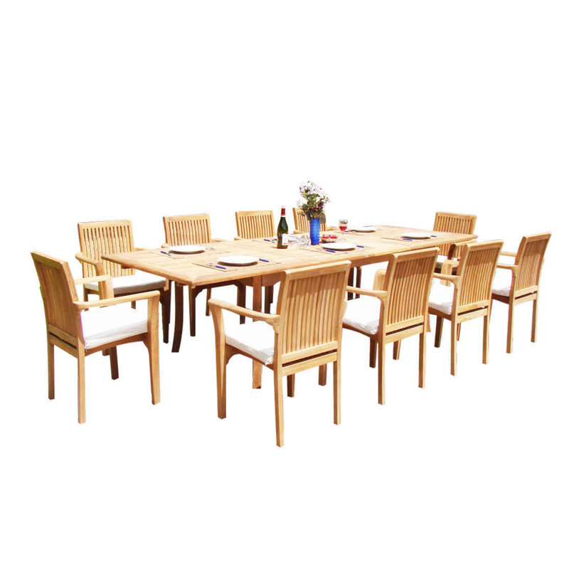 Massie 12 - Person Teak Wood Patio Dining Set with Rectangular Table, 82" L x 40" W x 30.5" H, 10