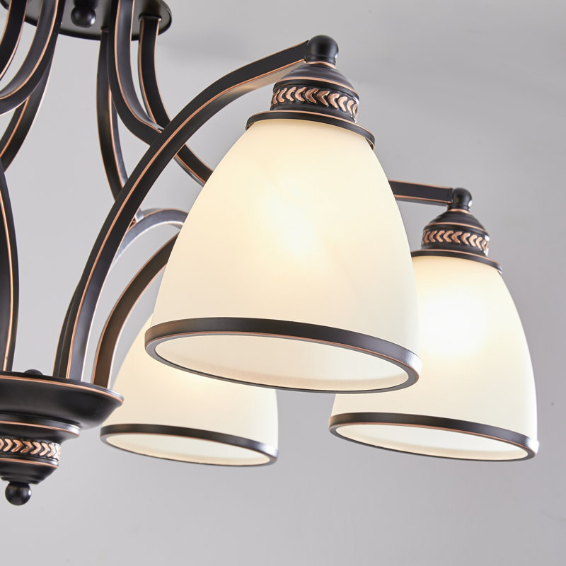 Lustre classique / traditionnel 6 lumières à intensité variable avec abat-jour en verre givré blanc, Noir mat
