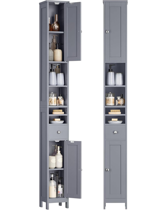 Tall Bathroom Cabinet, Slim Bathroom Storage Cabinet, Freestanding Narrow Storage Unit With Adjustable Shelves, Drawer, Open Compartments, For Small Spaces, Modern