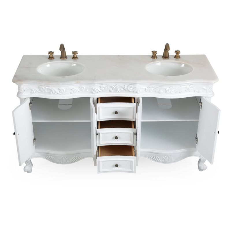 Benton Collection 64 Inch Traditional Freestanding Antique White Beckham Bathroom Vanity, Double Sink, White Marble Top, Fully Assembled