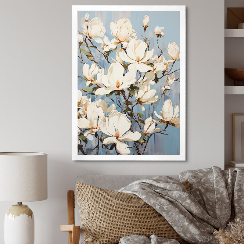 Magnolias en fleurs en blanc, H 32 po x l 24 po x P 1 po, Cadre simple blanc