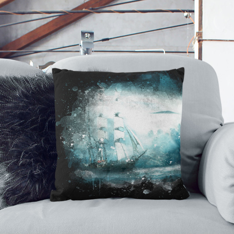 Ship Sailing over a Stormy Sea Cushion with Filling, 40cm H x 40cm W x 15cm D, Stone