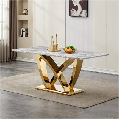 Marble Dining Table For 6 People, 70'' Rectangle Faux Marble Dining Table With Mirrored Finish Stainless Steel Base, Modern Large Size Marble Kitchen Table (Gold,Grey)(Only Table)