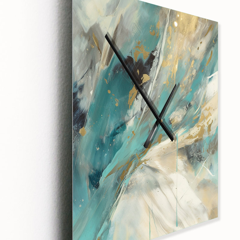 «Serendipity», peinture abstraite turquoise - horloge murale moderne, Moyen