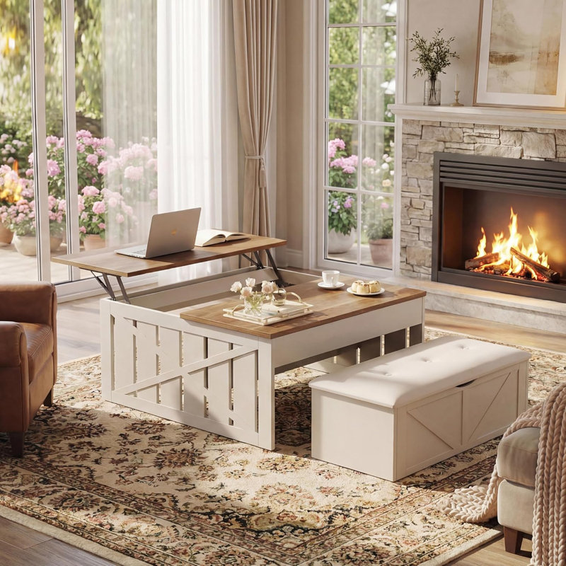 Lift Up Coffee Table With Storage Bench, Gray
