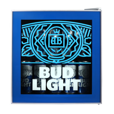 Bud Light Pi. Réfrigérateur compact à porte en verre, capacité de 50 canettes, bleu