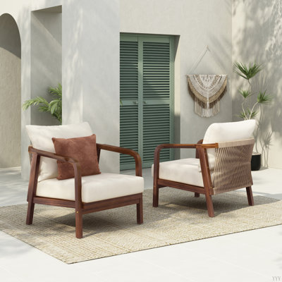 Méridienne d'extérieur 28 po avec dossier tissé, structure en bois massif, coussins confortables et accoudoirs courbés pour la terrasse ou le jardin