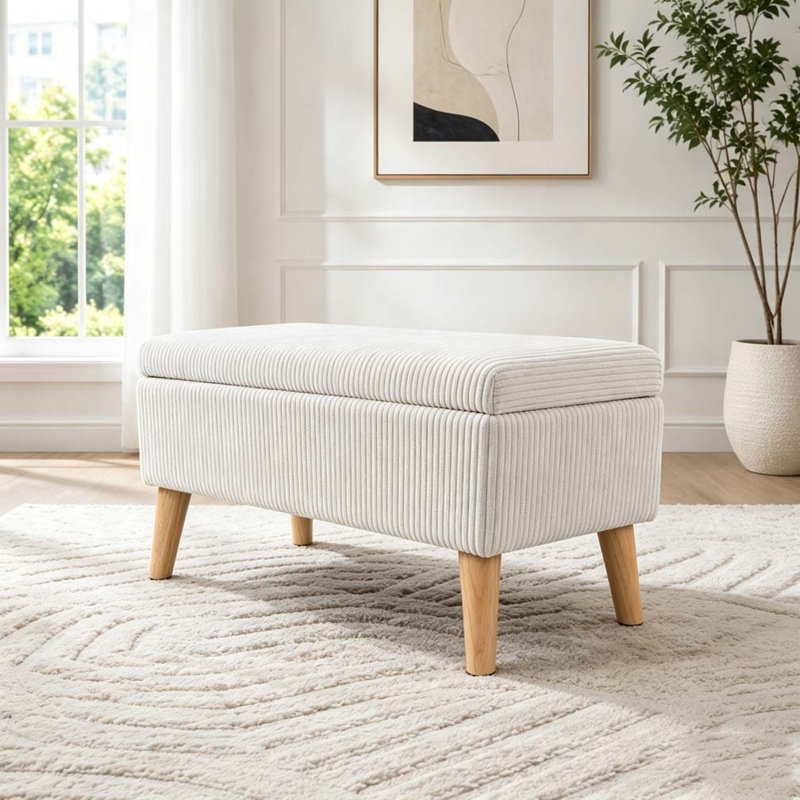 Banc de rangement en velours côtelé 32 pouces avec compartiment rabattable et pieds en bois massif, Beige