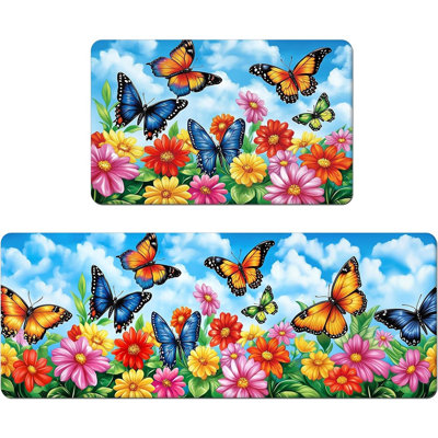 Tapis de cuisine floraux - bleu - ensemble de 2 tapis de sol en caoutchouc antidérapant avec fleur de printemps, patin pour évier, couloir, salle de lavage