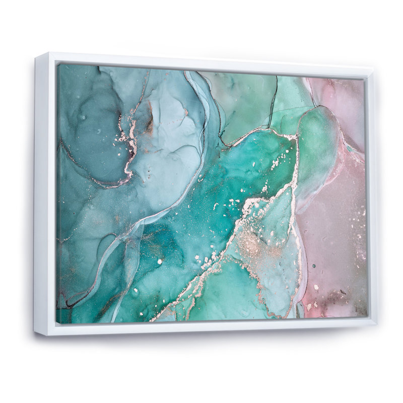 Marbre abstrait turquoise - peinture sur toile, H 12 po x l 20 po, Cadre flottant blanc