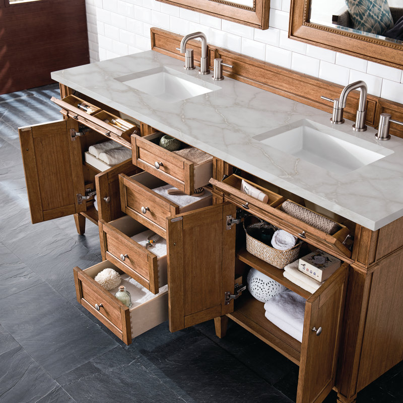 Meuble-lavabo double l 72 po Dussault, Brun selle, Argent victorien, 8 po